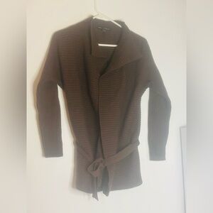 Marino Luna 100% merino wool ribbed tie front brown heavy cardigan Sz S